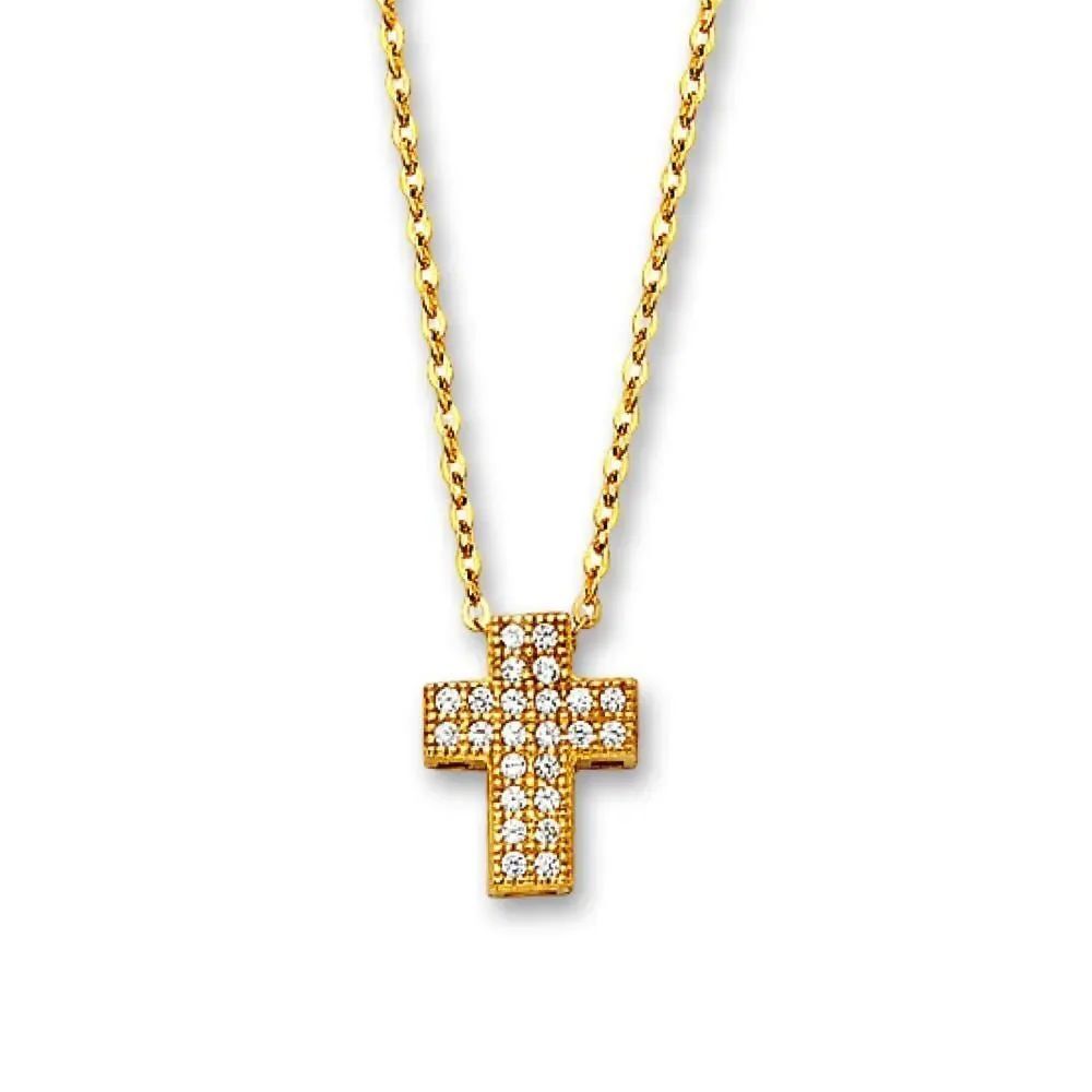 14K Yellow Gold CZ Cross Necklace | 17+1 Inch | Fine Jewelry By Tehrani Jewelry
